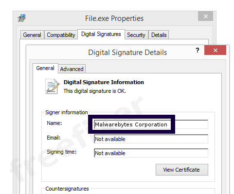 Screenshot of the Malwarebytes Corporation certificate